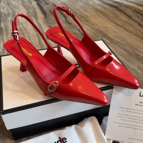 Larroudé Ines Red Leather Ankle Strap Pumps 6.5 NWT - Picture 11 of 16